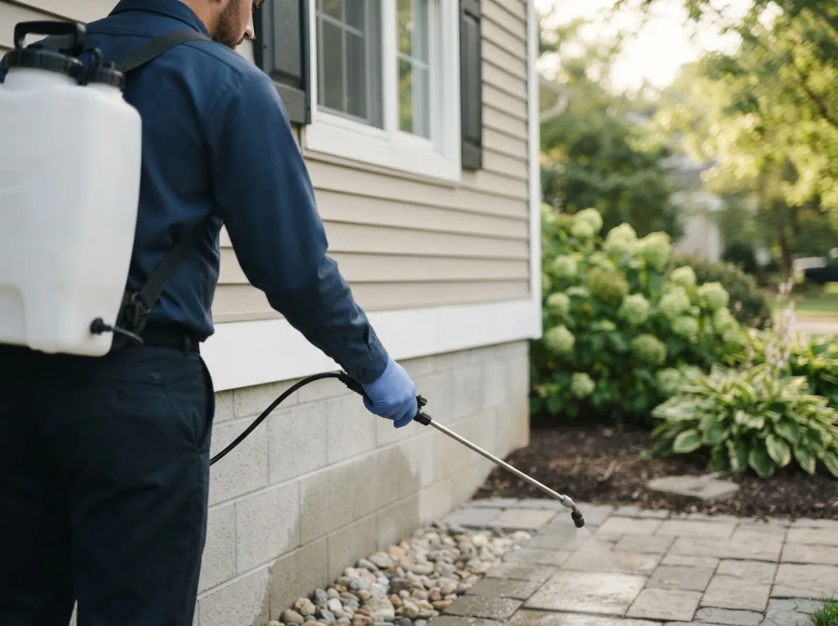 Pest control technician inspecting a home in Ishpeming, MI